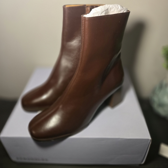 New-Sézane Axelle Ankle Boots Chocolat Glacé Brown Leather Block Heel Sz 7 FR 38 - Picture 3 of 11